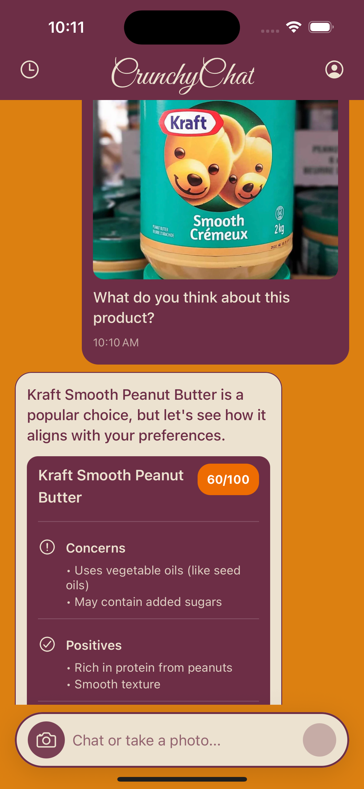 Crunchy Chat App Screenshot showing ginger candy analysis